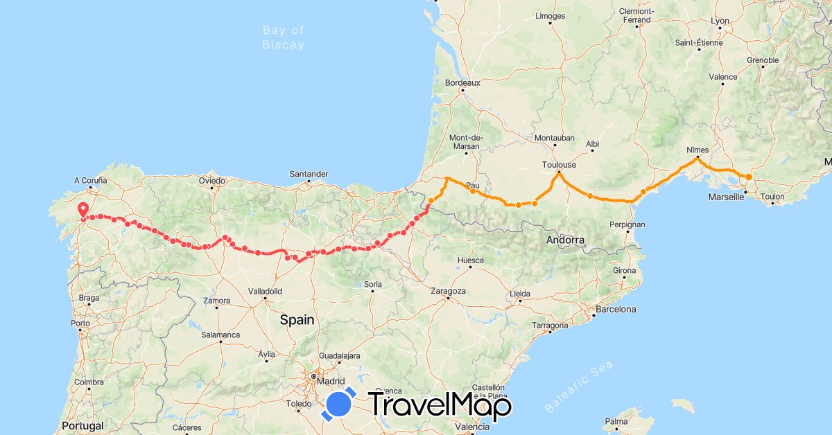TravelMap itinerary: driving, hiking, hitchhiking in Spain, France (Europe)