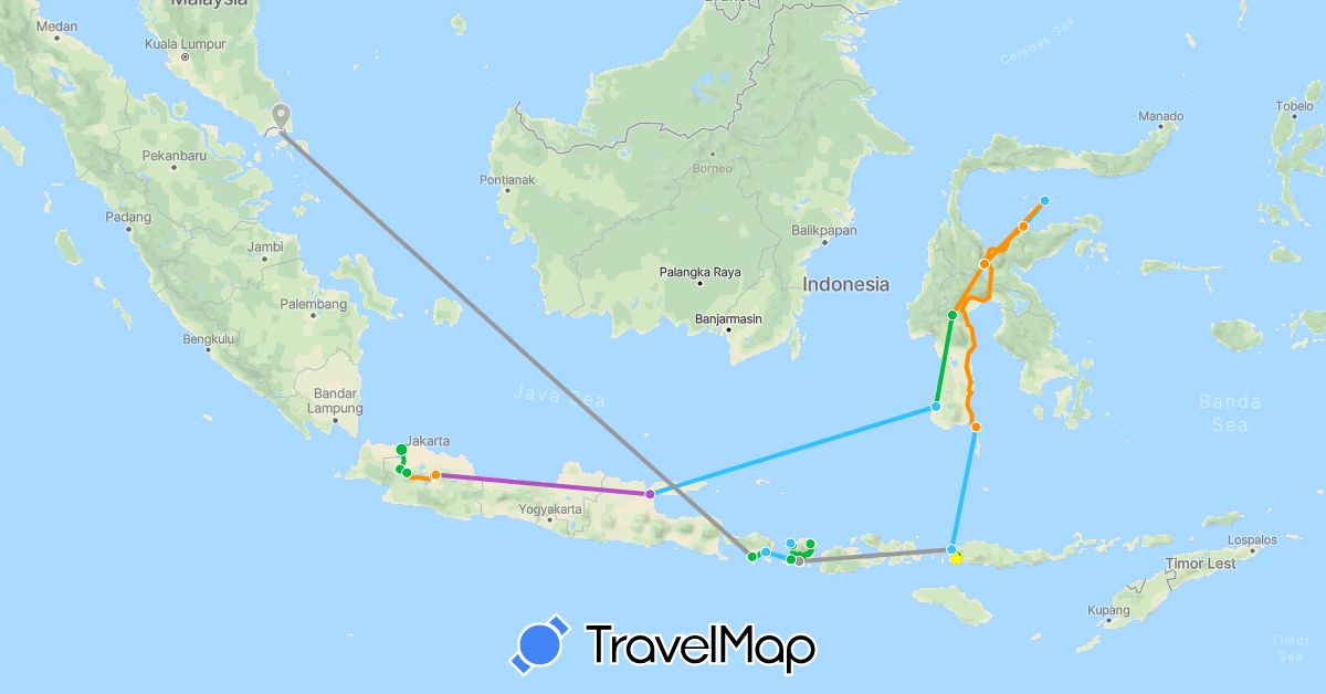 TravelMap itinerary: driving, bus, plane, train, hiking, boat, hitchhiking in Indonesia, Singapore (Asia)
